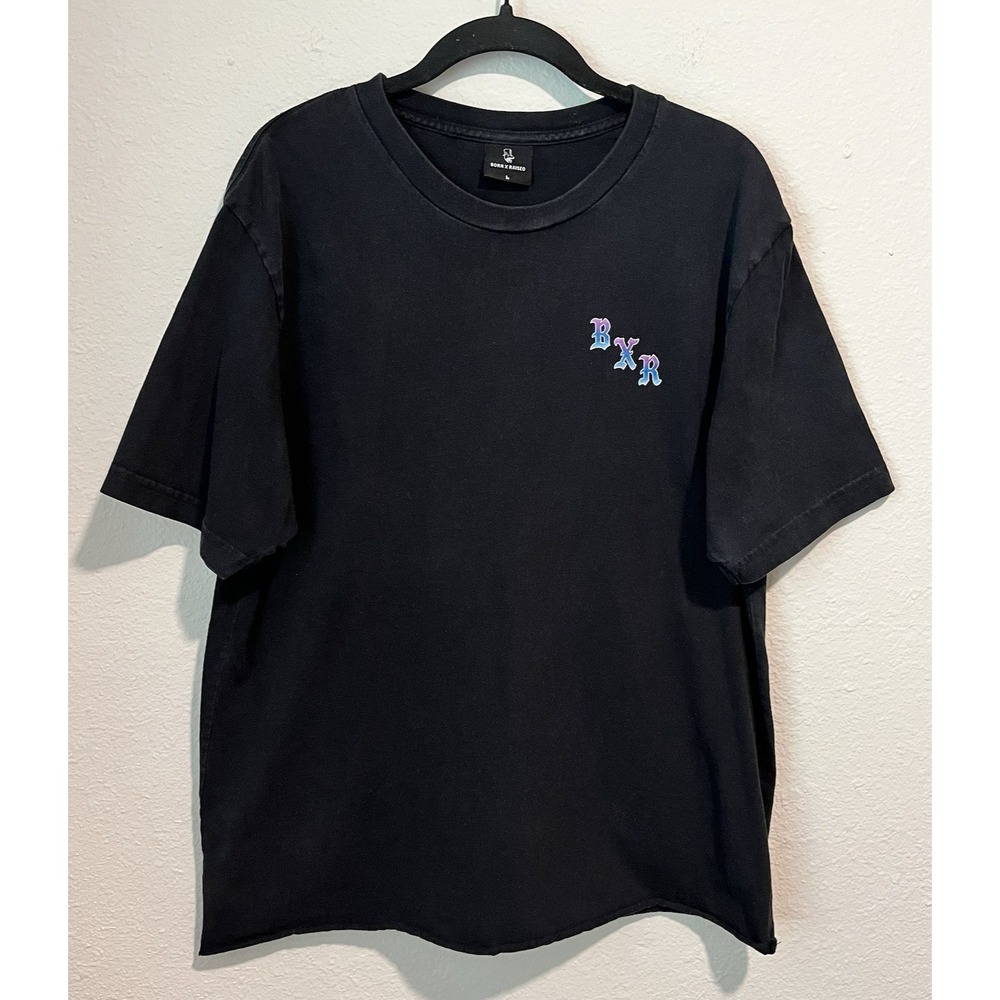 Born x Raised Shirt Mens Large Black BXR Flag T-Shirt Floral Chains Cut Hem SS
